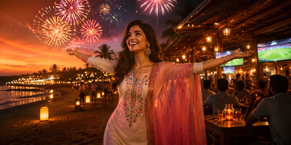 Relaxing beach scene in Goa with cricket betting theme